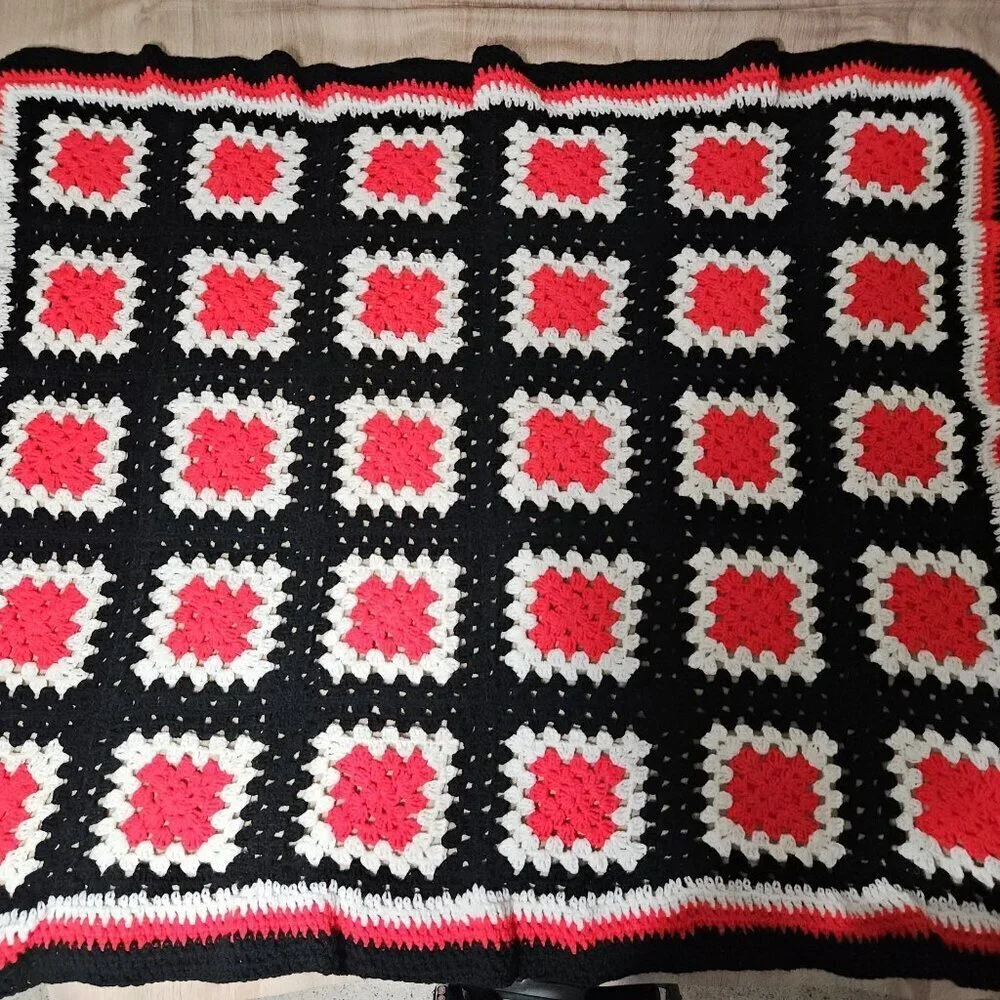 Granny Square Throw Blanket 52x43in Red Black White Crochet Afghan Handmade